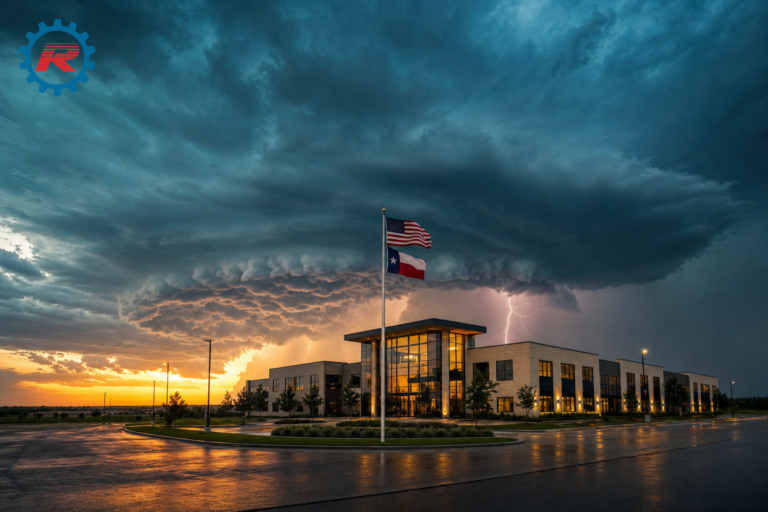 Dramatic Texas supercell thunderstorm at sunset over a modern small business office park, with American and Texas flags flying on a central flagpole and lightning striking near the building — illustrating North Texas severe weather risk for SMB IT continuity planning.